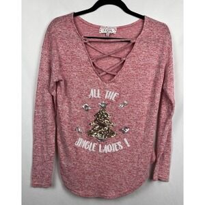 "All the Jingle Ladies" Sequin Christmas Sweater Top Crisscross V-Neck Red M